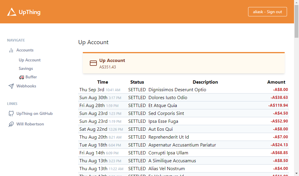 Upthing account transactions